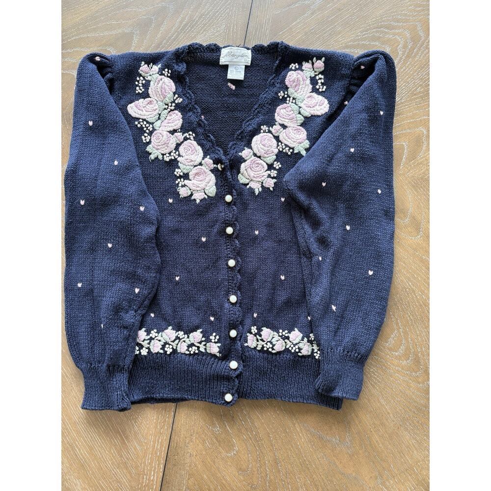 Margules Vintage Navy Blue Floral Embroidered Cardigan Sweater Cotton Ramie L